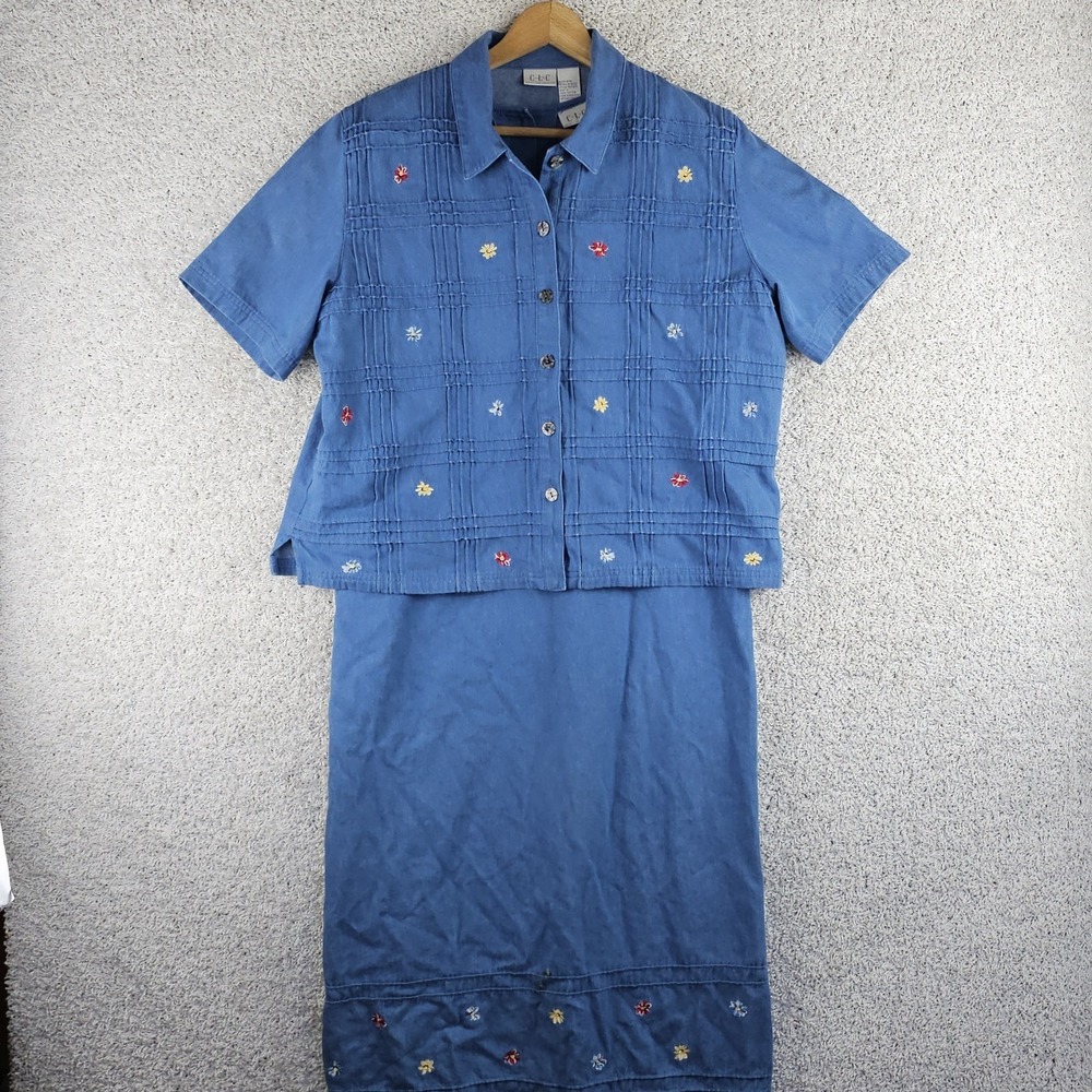 Vintage CLC Denim Embroidered Flower Dress & Overshirt Sz Large Cottage Grandma